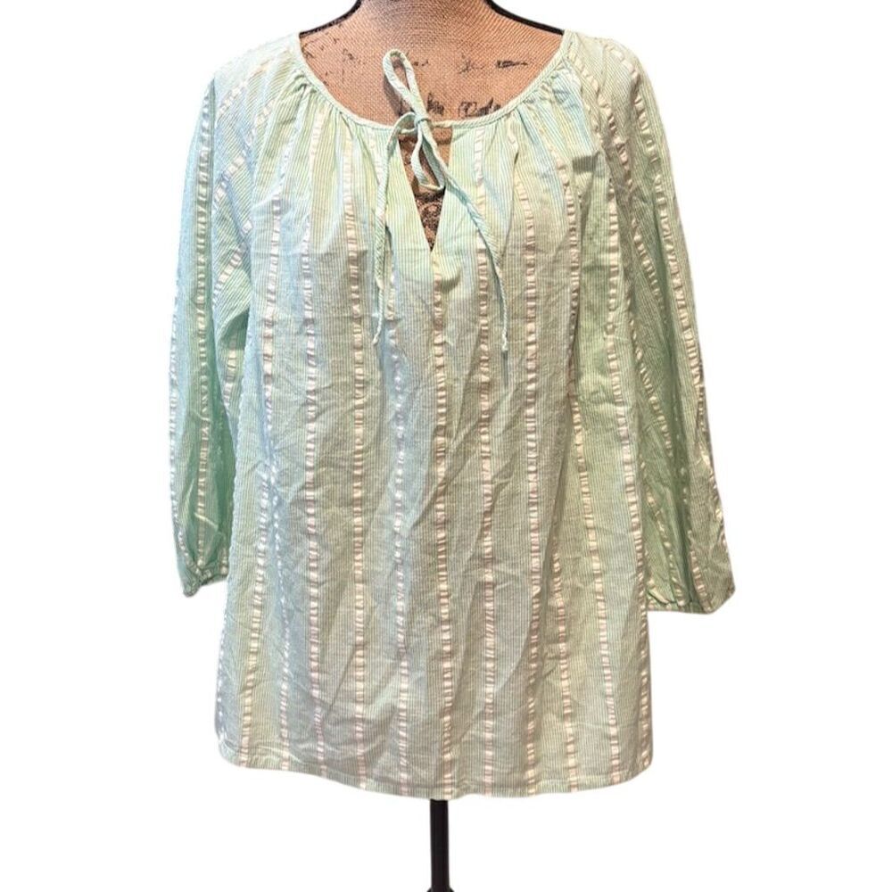 St. John's Bay Women's 1X Green Striped 3/4 Sleeve V-Neck Blouse NWT
